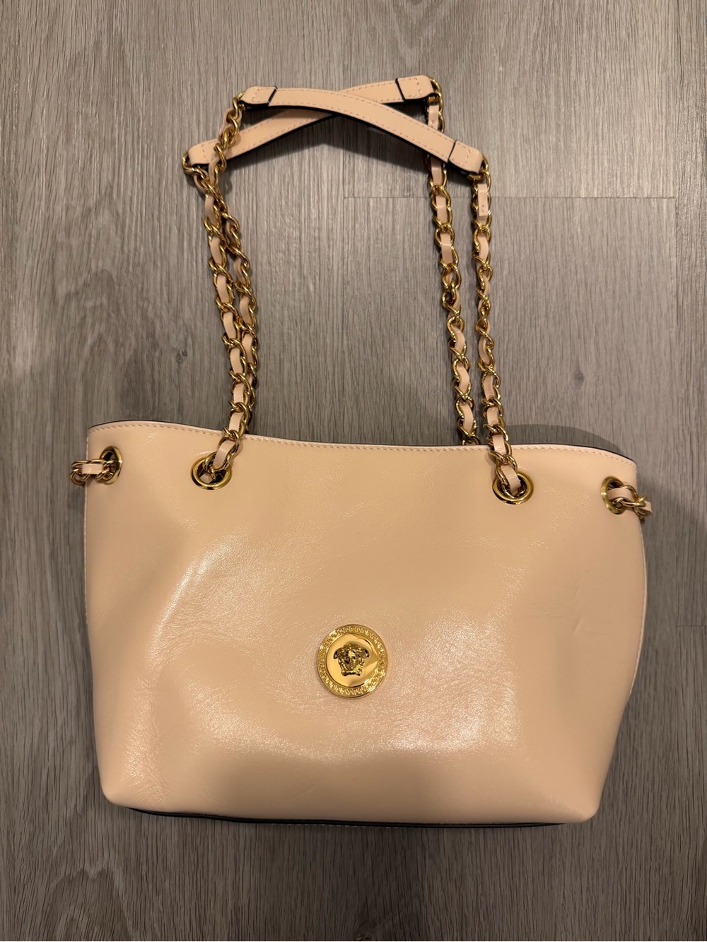 Versace Medusa Leather Chain Tote Bag Cream Beige Made in Italy